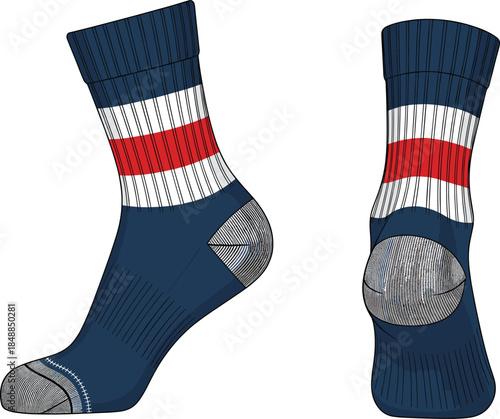Athletic socks vector illustration, sportswear design, navy blue with stripes, reinforced heel and toe, ribbed support, side and back views