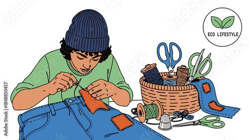 DIY clothing repair and upcycling project hands-on mending and visible stitching on denim jeans