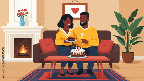 Couple celebrating anniversary with cake and champagne by fireplace in cozy living room illustration