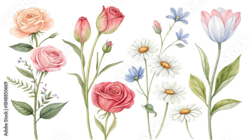 Beautiful watercolor arrangement of spring flowers including roses, daisies, and tulips, suitable for wedding invitations or greeting cards.