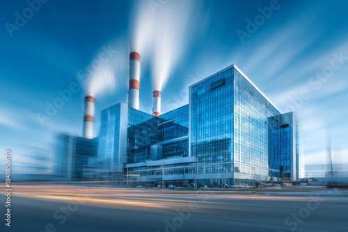 Modern industrial complex featuring glass towers and emitting smokestacks against a dynamic blue sky