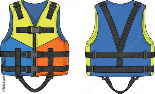 Colorful life jacket front and back view, water safety vest with leg strap, adjustable buckles, reflective design, vector illustration