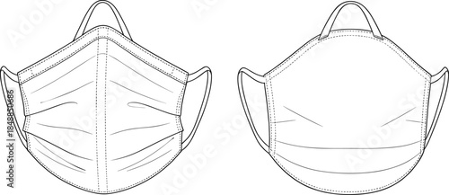 Face mask vector illustration, fashion design sketch, pleated and rounded styles, ear loop detail, front view layout, garment construction reference