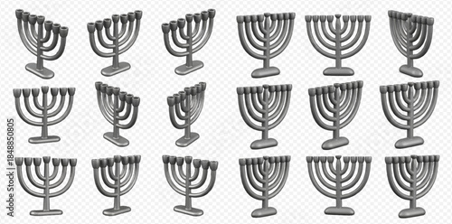 Set of multiple 3D menorahs for Hanukkah, isolated on a transparent background, symbolizing Jewish holiday traditions.
