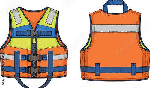 High visibility safety vest for water rescue, life jacket with reflective strips, adjustable straps, bright colors, front and back view, vector illustration