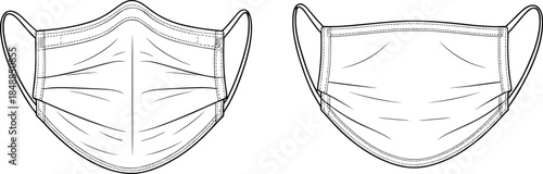 Face mask vector illustration, technical fashion sketch, contoured and flat styles, pleated design, ear loop detail, garment construction reference
