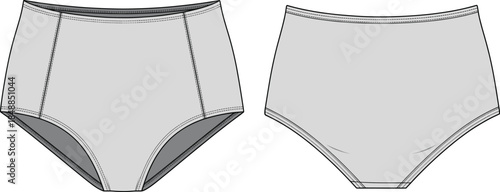 High-waisted women’s underwear comparison, two styles front view, gusset detail, seam variation, fashion design technical vector illustration