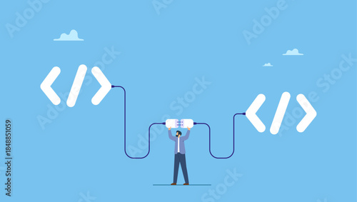 Programmer connect socket between coding program. API, application programming interface to connect between software or application, coding to exchange information for website or software development.