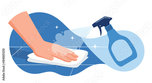 Concept of surface disinfection with a hand wiping with a cloth while another sprays antiseptic, illustrated in a clean vector style.