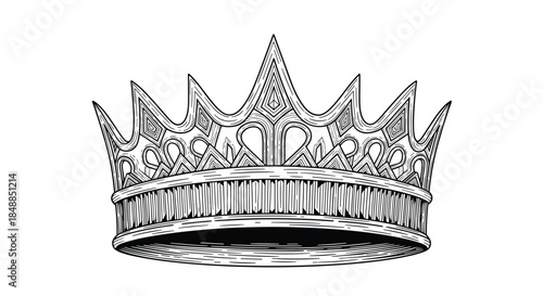 Ornate royal crown in a highly detailed, vintage black and white woodcut or engraving style, symbolizing power and monarchy.