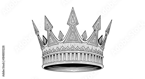 Majestic royal crown with sharp points, intricately detailed in a black and white vintage engraving style for a powerful symbol.