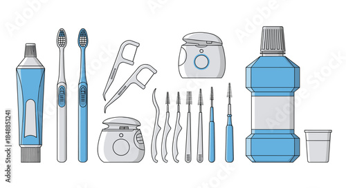 Comprehensive set of dental care and oral hygiene products, including toothbrush, toothpaste, floss, and mouthwash in flat design.