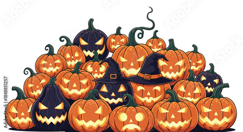 Large pile of spooky carved Halloween jack-o'-lanterns with glowing faces and witch hats, creating a festive and scary scene.