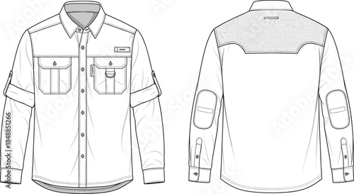 Long-sleeve shirt vector illustration, fashion design sketch, front and back views, chest pockets, roll-up sleeves, mesh yoke, elbow patch detail