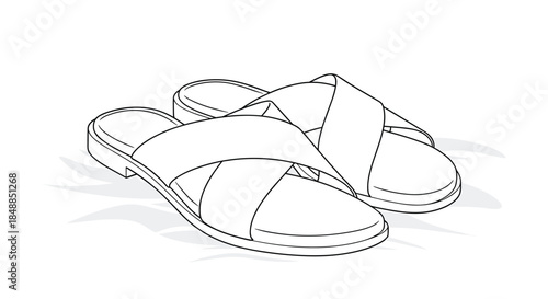 Simple black and white line art illustration of a pair of women's slide sandals with crisscross straps for summer fashion design.