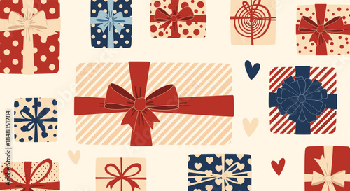 Festive background with a collection of colorful gift boxes wrapped with ribbons and bows in a charming, hand-drawn retro style.