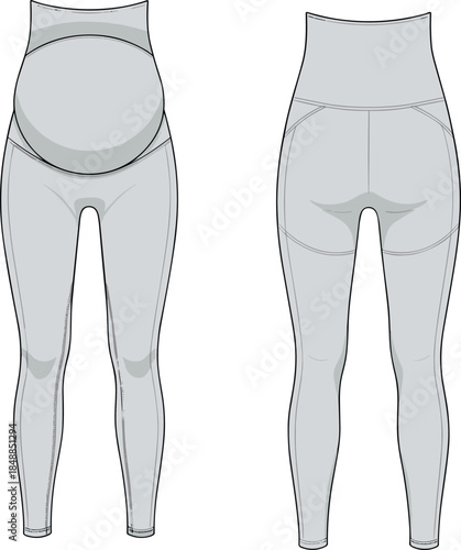 Maternity leggings vector illustration, fashion design sketch, front and back views, belly contour panel, high waistband, garment construction reference