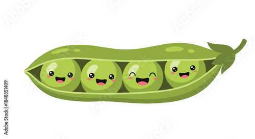 Four cute kawaii peas smiling and winking together inside a green pea pod, a cheerful and healthy vegetable character illustration.