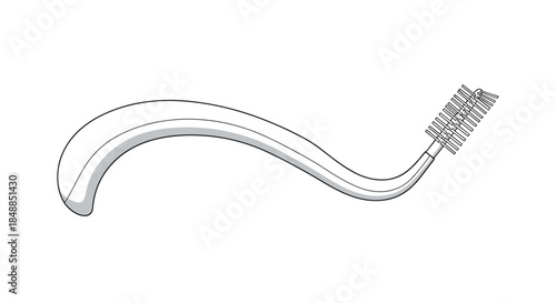 Simple line art illustration of a curved interdental brush, a tool used for cleaning between teeth and maintaining oral hygiene.