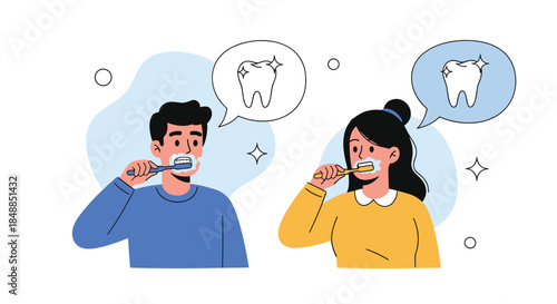 Young man and woman brushing their teeth and thinking about healthy, sparkling teeth, promoting good oral hygiene and dental care.