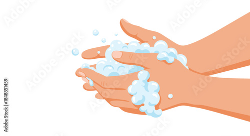 Illustration of hands being washed with soap and lather, promoting good hygiene and prevention of germs, isolated with copy space.