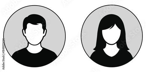 Silhouette Portraits Minimalist grayscale portraits capture the essence of a male and female figure within circular frames, embodying the concept of anonymous representation. 