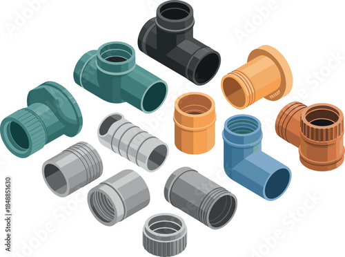 Isometric Plumbing Pipe Fittings and Connectors Set for Water, Drainage, and Construction Systems