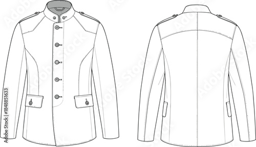 Men’s tailored jacket technical flat sketch, front and back view, stand collar, flap pockets, epaulets, fashion design vector illustration