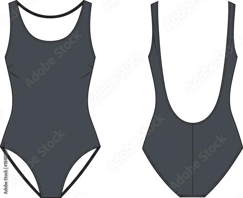 One-piece swimsuit technical flat sketch, front and back view, scoop neckline, deep scoop back, fashion design vector illustration