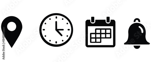 Important Icons for Digital Interface Clean, bold icons, a map pin, clock, calendar, and bell, perfect for website or app design, are neatly arranged, offering a user-friendly interface. 