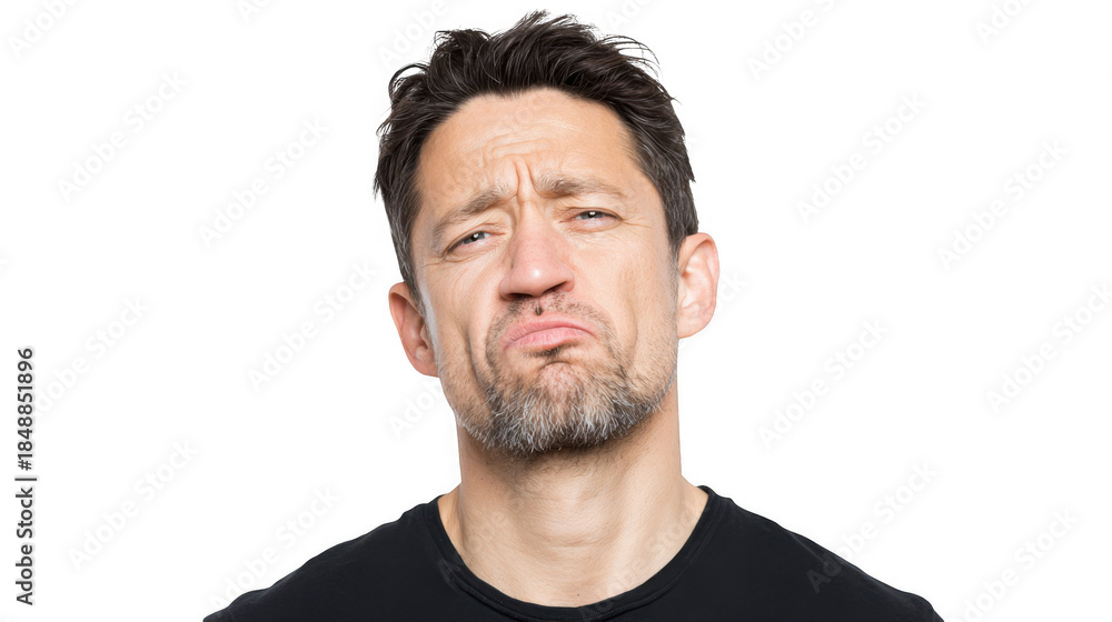 Obraz premium Close up profile of a mature man making a droopy face expression, conveying sadness or disappointment, against a transparent background, perfect for conveying negative emotions