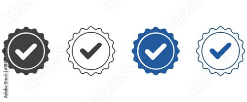 Verification Seals A collection of four verification seals featuring a checkmark symbol within a circular design. Displaying the concept of authorization, quality assurance.