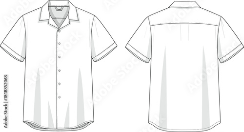 Short-sleeve shirt vector illustration, fashion design sketch, front and back views, button-up style, collar and pleat detail, garment construction layout