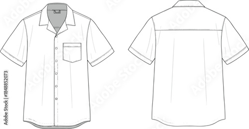 Short-sleeve shirt vector illustration, fashion design sketch, front and back views, button-up style, garment construction detail, apparel layout reference