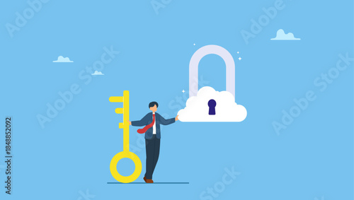 Businessman holding floating cloud padlock with security key. Cloud security system to protect information for remote work, secure shield technology fore safety access online company server.