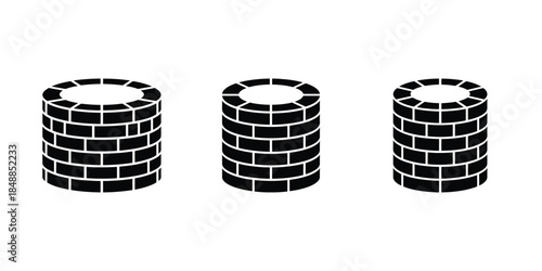 Circular brick wall well and masonry cylinder vector icon set