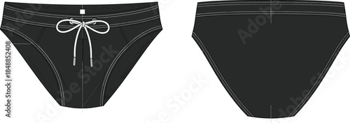Swim briefs vector illustration, fashion design sketch, front and back views, drawstring waistband, contour seam detail, garment construction layout