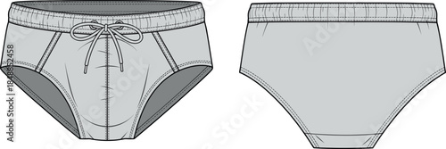 Swim briefs vector illustration, fashion design sketch, front and back views, drawstring waistband, contour seams, garment construction layout, apparel reference