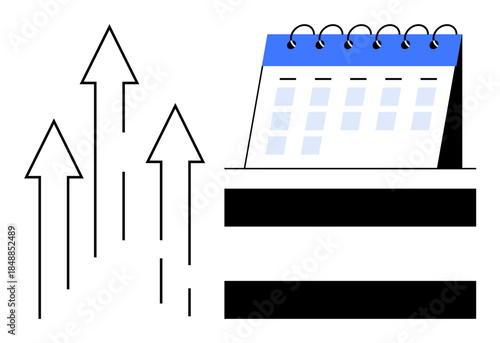 Rising arrows beside a desk calendar symbolize growth, goal setting, or planning. Ideal for business strategy, productivity, time management, success, development, goal tracking simple flat metaphor