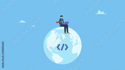 Software engineer coding on laptop sitting on globe with coding symbol. Website development, www application coding, technology create online cyberspace software connect through the internet.
