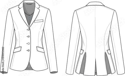 Tailored blazer jacket technical flat sketch, front and back view, notched lapel, flap pockets, princess seams, fashion vector illustration