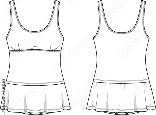 Tankini top vector illustration, fashion design sketch, front and back views, scoop neckline, fitted bodice, flared hem, garment construction reference