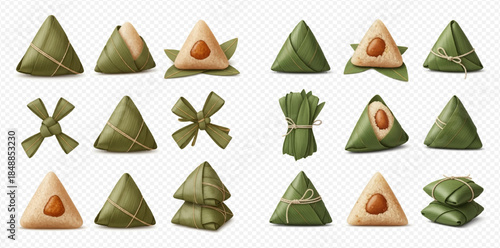 Set of traditional Chinese Zongzi rice dumplings wrapped in bamboo leaves for Dragon Boat Festival celebration.