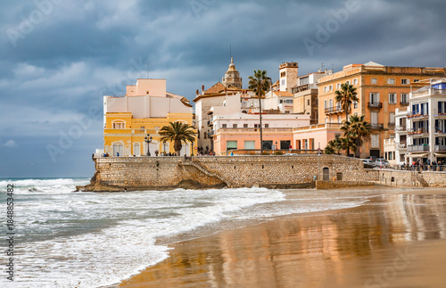 Low season in Sitges city, gloomy cold weather, Spain
