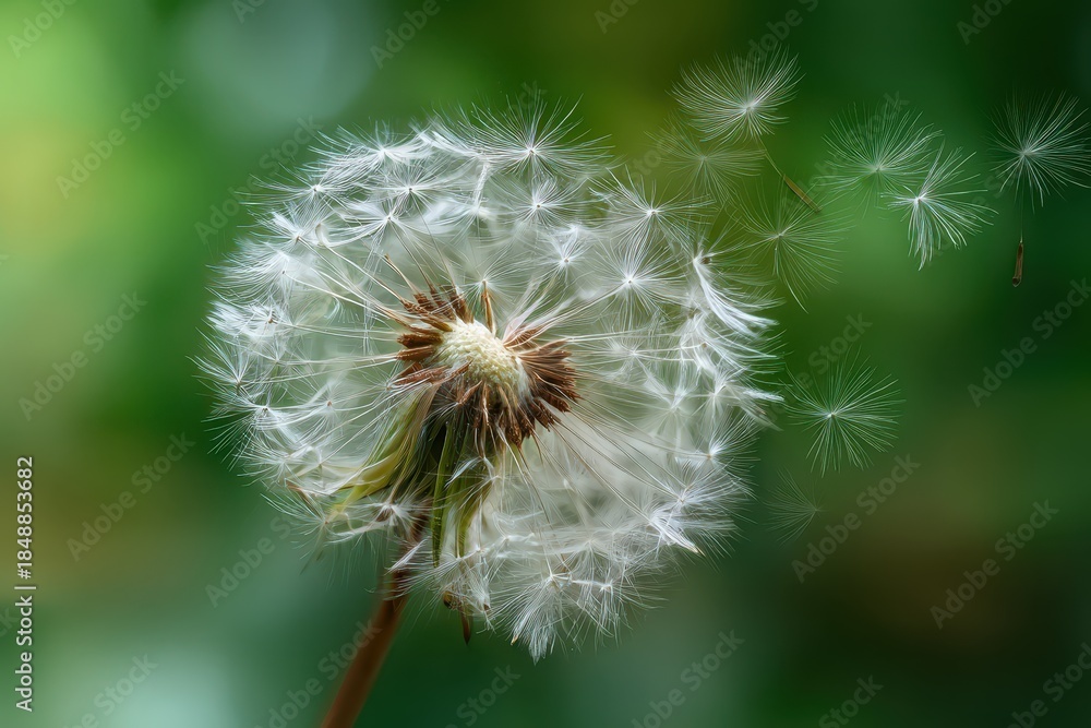 Fototapeta premium Macro photograph of drifting dandelion seeds in wind, tranquil garden atmosphere