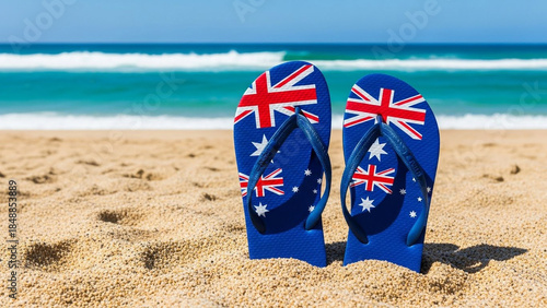 Australia Day flip flops on the beach, celebrating a sunny Australian national holiday on sandy shores with ocean waves