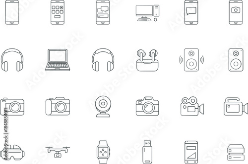 A comprehensive collection of modern electronic gadgets and digital hardware icons featuring smartphones, cameras, laptops, and smart home technology in outline style.