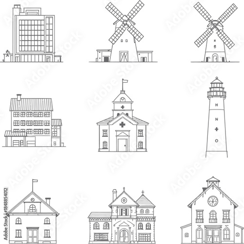 Building icon set with houses, windmills, lighthouse, office, and municipal structures in minimal line style