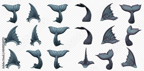Set of various fantasy mermaid and merman tails, fins, and flukes in different shapes and poses.