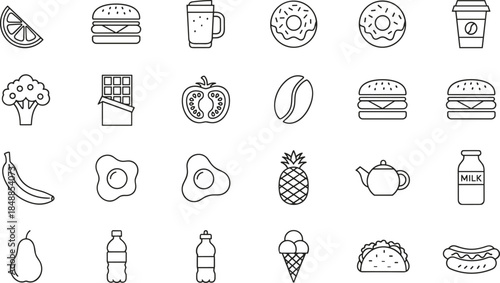 A comprehensive collection of modern electronic gadgets and digital hardware icons featuring smartphones, cameras, laptops, and smart technology in outline style.